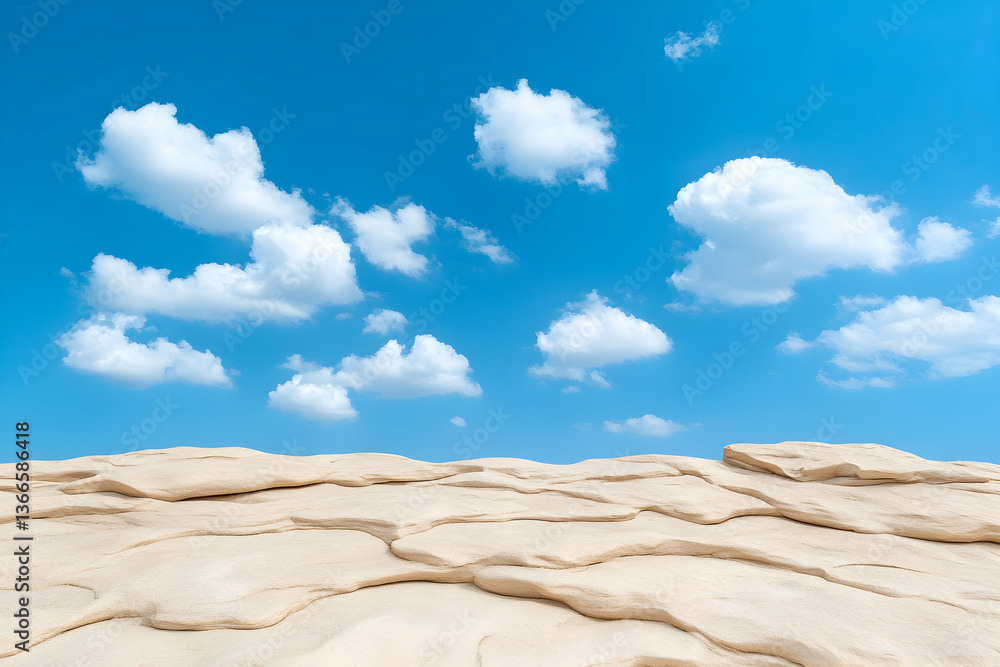 Fototapeta premium Textured beige landscape under a vibrant blue sky with fluffy white clouds