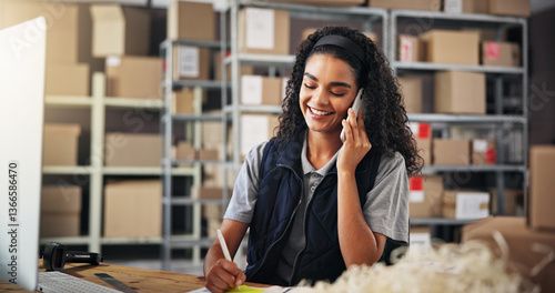 Tableau sur toile Logistics, notes and courier with phone call for delivery, distribution and inventory for ecommerce