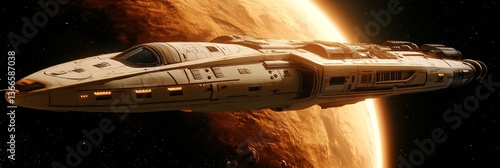Spaceship flying past a fiery planet.