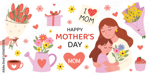 Happy Mother's Day vector illustration with mom and daughter hugging. Cute floral bouquet, heart, gifts, watering can, love postcard. Sweet spring holiday card in flat style. White isolated background