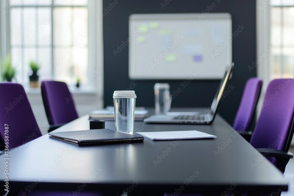 Meeting Room with Laptop, Notebook and Drink for Team Collaboration Meeting Room with Laptop, Notebook and Drink for Team Collaboration
