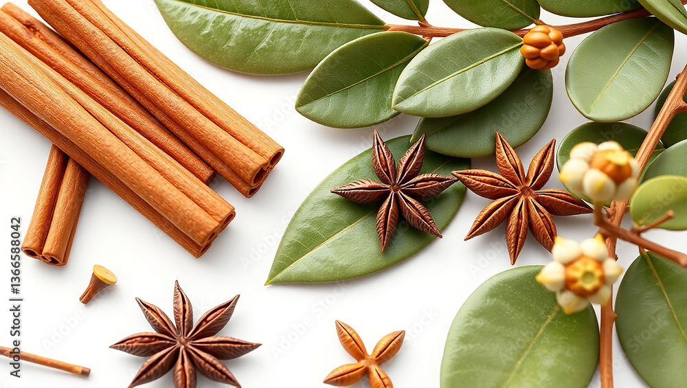 Cinnamon sticks and star anise spices with leaves. Aromatic spices concept. Cinnamon sticks and star anise spices with leaves. Aromatic spices concept.