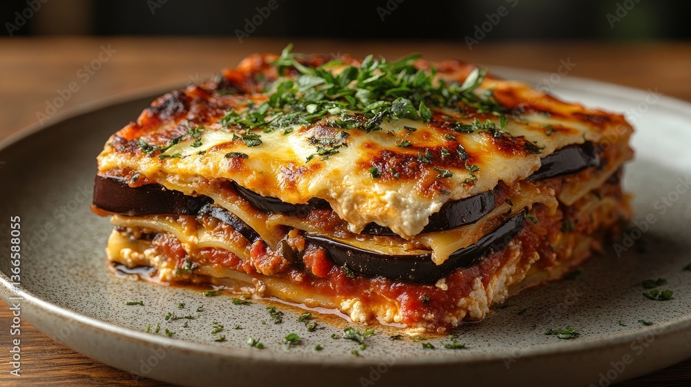 Layers of thinly sliced, roasted eggplant are used in place of typical pasta in this eggplant lasagna dish, which also features melted mozzarella, ricotta cheese, and a rich tomato sauce. Layers of thinly sliced, roasted eggplant are used in place of typical pasta in this eggplant lasagna dish, which also features melted mozzarella, ricotta cheese, and a rich tomato sauce.