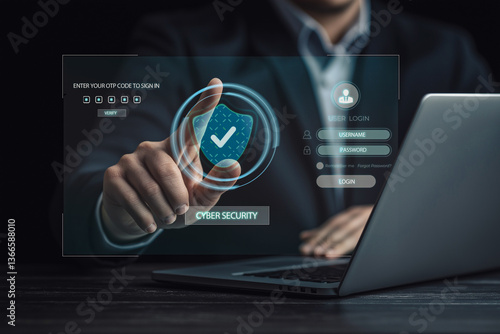 A business professional operates an advanced cybersecurity interface, ensuring robust data protection and security with two-factor authentication.