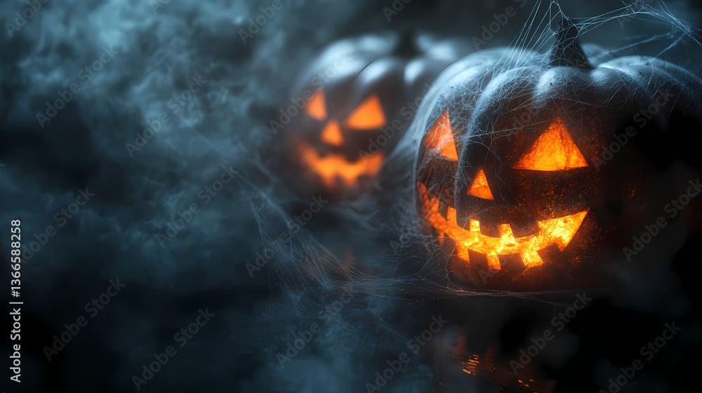 Naklejka premium Ethereal autumn scene jackolanterns floating in misty darkness gossamer cobwebs glistening eerie shadows cast on deep black backdrop atmospheric halloween still life. Gossamer Shadows. Illustration