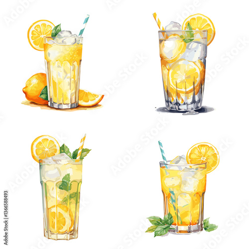 Refreshing lemonade drinks with lemon slices, ice cubes, and mint leaves in tall glasses. Perfect for summer beverage concepts, healthy drinks, and citrus freshness themes.

