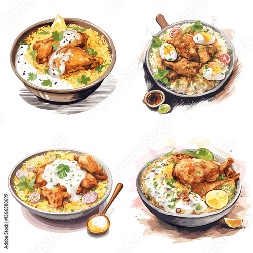Tasty biryani and rice dishes with spiced chicken, herbs, and yogurt sauce served in bowls. Perfect for Indian cuisine, traditional meals, and food-related concepts.

