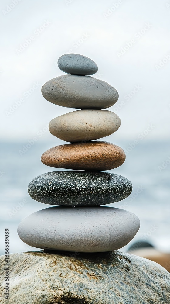 Stack of smooth, rounded stones in gray and brown on a sea background Stack of smooth, rounded stones in gray and brown on a sea background