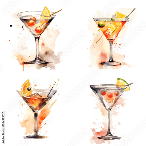 Watercolor set of elegant martini cocktails with lemon, lime, and cherry garnishes. Perfect for cocktail menus, party invitations, bar designs, mixology art, and festive drink concepts.

