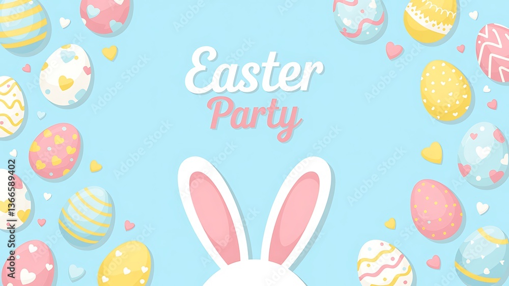 Easter Party Concept with Bunny Ears Colorful Easter Eggs Delicate Spring Flowers on a Pastel Blue Background with Copy Space for Festive Designs Greeting Cards and Holiday Invitations. Easter Holiday Easter Party Concept with Bunny Ears Colorful Easter Eggs Delicate Spring Flowers on a Pastel Blue Background with Copy Space for Festive Designs Greeting Cards and Holiday Invitations. Easter Holiday