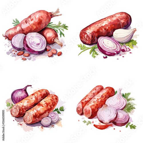 Watercolor set of sausages with red onions, garlic, herbs, and spices. Perfect for traditional cuisine themes, butcher shop designs, rustic cooking, and culinary food illustrations.

