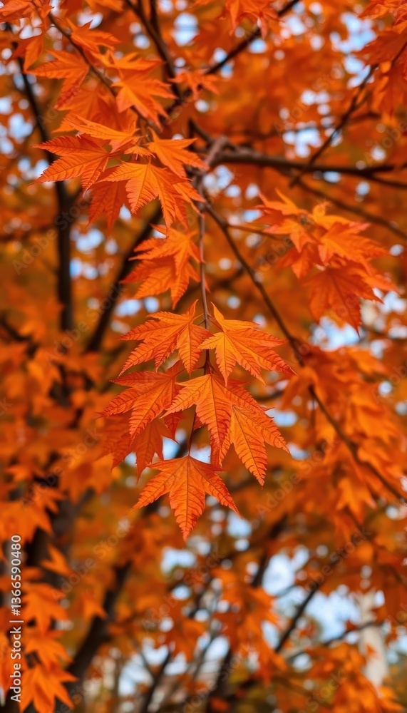 Vibrant orange leaves on a tree in Lincoln, Nebraska during autumn, landscape, image Vibrant orange leaves on a tree in Lincoln, Nebraska during autumn, landscape, image