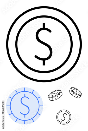 Dollar sign on outlined coin, blue shaded version, and small coins. Ideal for finance, economy, investment, savings, banking, commerce trading cryptocurrency and flat simple metaphor