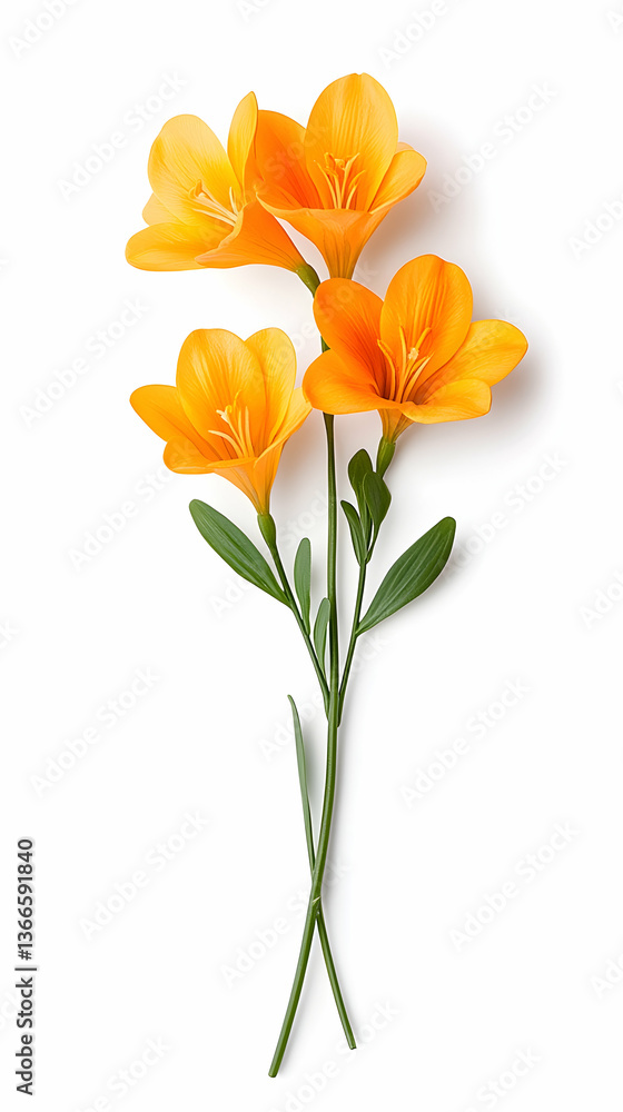 Vibrant bouquet of yellow freesia flowers with green stems against a white background Vibrant bouquet of yellow freesia flowers with green stems against a white background