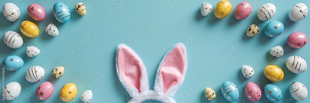 Easter Party Concept with Bunny Ears Colorful Easter Eggs Delicate Spring Flowers on a Pastel Blue Background with Copy Space for Festive Designs Greeting Cards and Holiday Invitations. Easter Holiday Easter Party Concept with Bunny Ears Colorful Easter Eggs Delicate Spring Flowers on a Pastel Blue Background with Copy Space for Festive Designs Greeting Cards and Holiday Invitations. Easter Holiday
