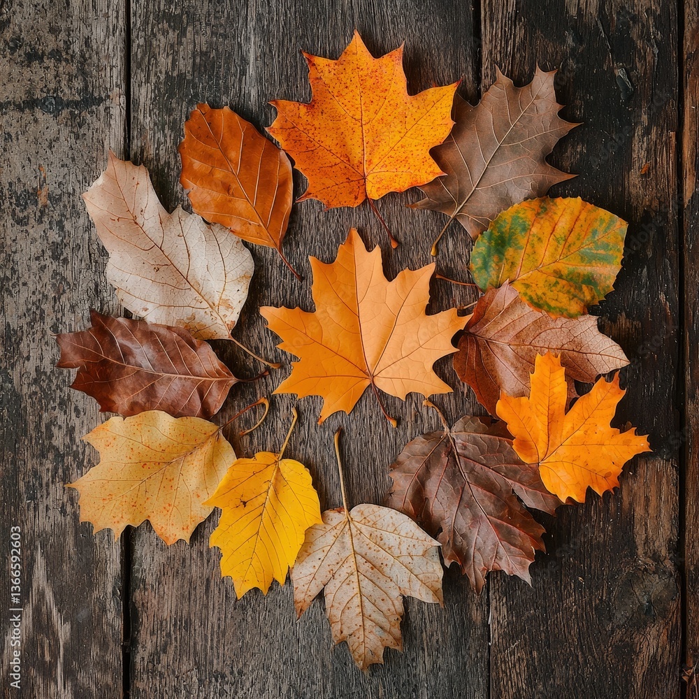 Obraz premium Autumn leaves arranged in circular pattern on rustic wooden planks