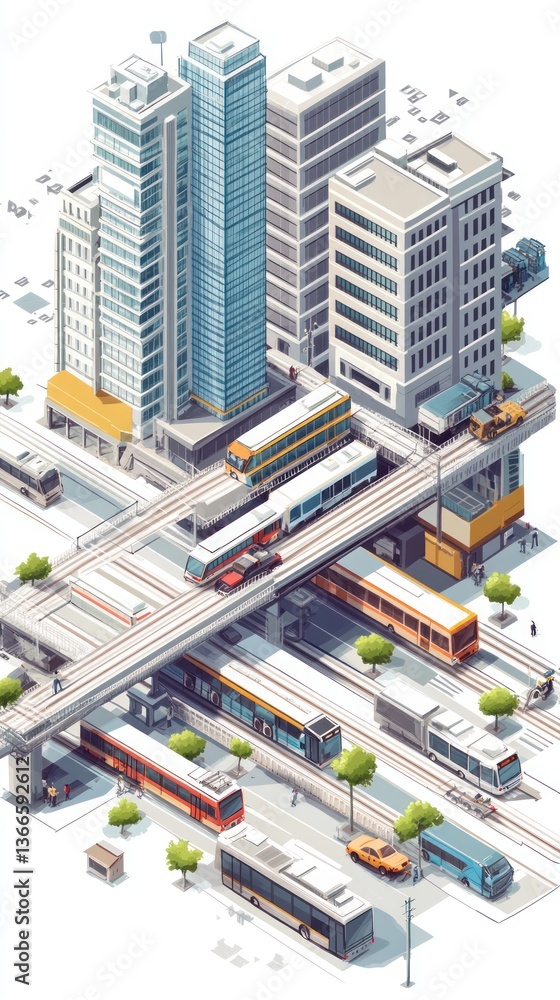 Isometric illustration of a modern city with transport systems Isometric illustration of a modern city with transport systems