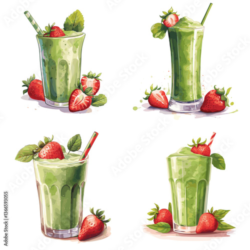 Watercolor set of green smoothies with strawberries, mint, and leafy greens in clear glasses. Perfect for detox drinks, healthy eating, vegan menus, and fresh smoothie concepts.

