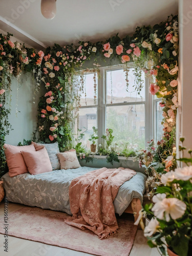 Charming fairy garden-themed room with delicate flower wall decor, evoking a whimsical atmosphere