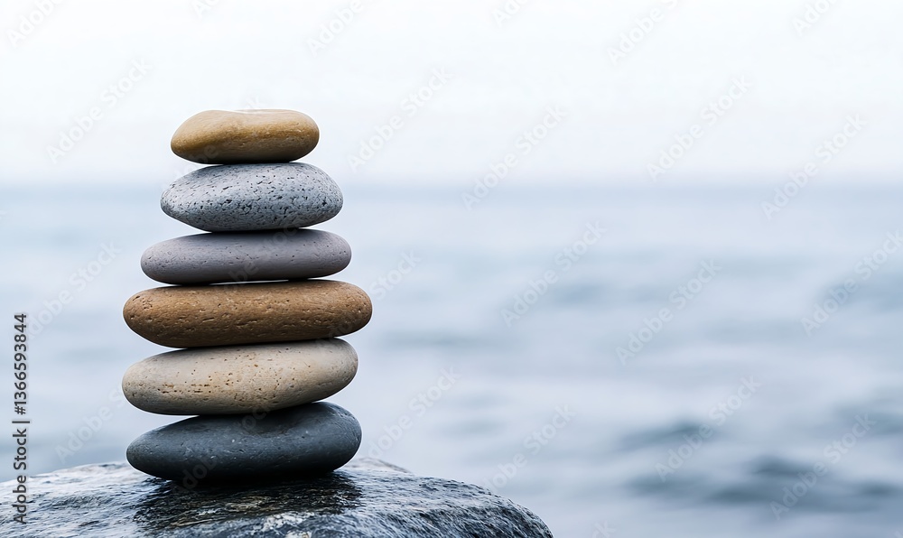 Stack of smooth, rounded stones in gray and brown on a sea background Stack of smooth, rounded stones in gray and brown on a sea background