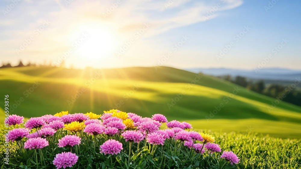Obraz premium Vibrant Pink Yellow Flowers Blooming in a Sunny Rolling Green Hill Landscape at Sunset