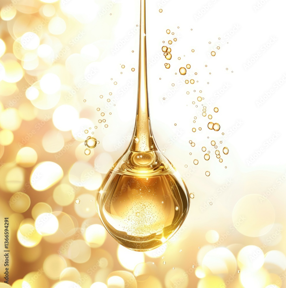 Golden Liquid Droplet Falling with Bubbles on a Sparkling Background Beauty Serum or Oil Concept Golden Liquid Droplet Falling with Bubbles on a Sparkling Background Beauty Serum or Oil Concept