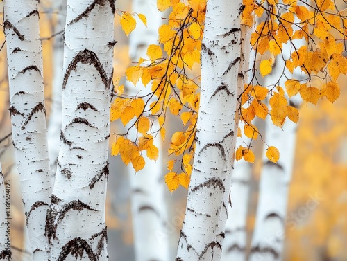 Close-up of birch trees with white bark and black markings amid yellow autumn leaves
