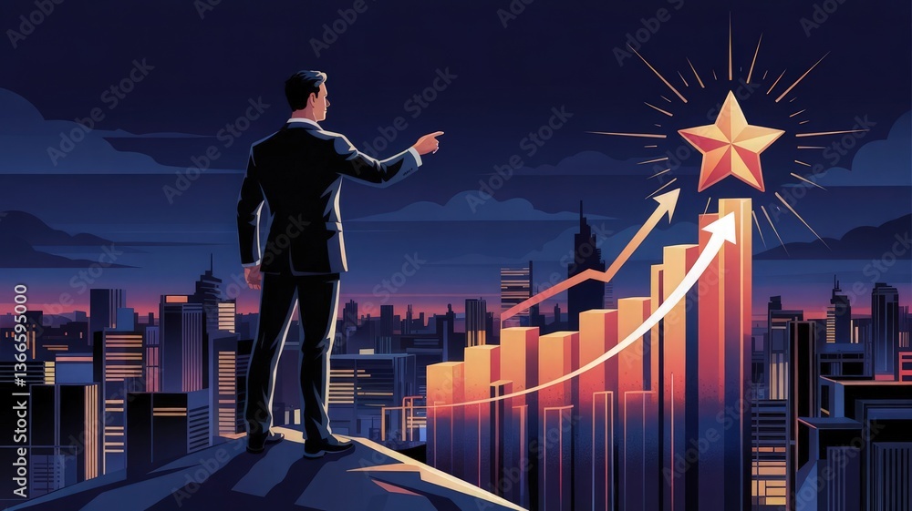 Ambition Reaching for Success: A determined businessperson stands atop a towering structure, pointing towards a brilliant star symbolizing his goals. Ambition Reaching for Success: A determined businessperson stands atop a towering structure, pointing towards a brilliant star symbolizing his goals.