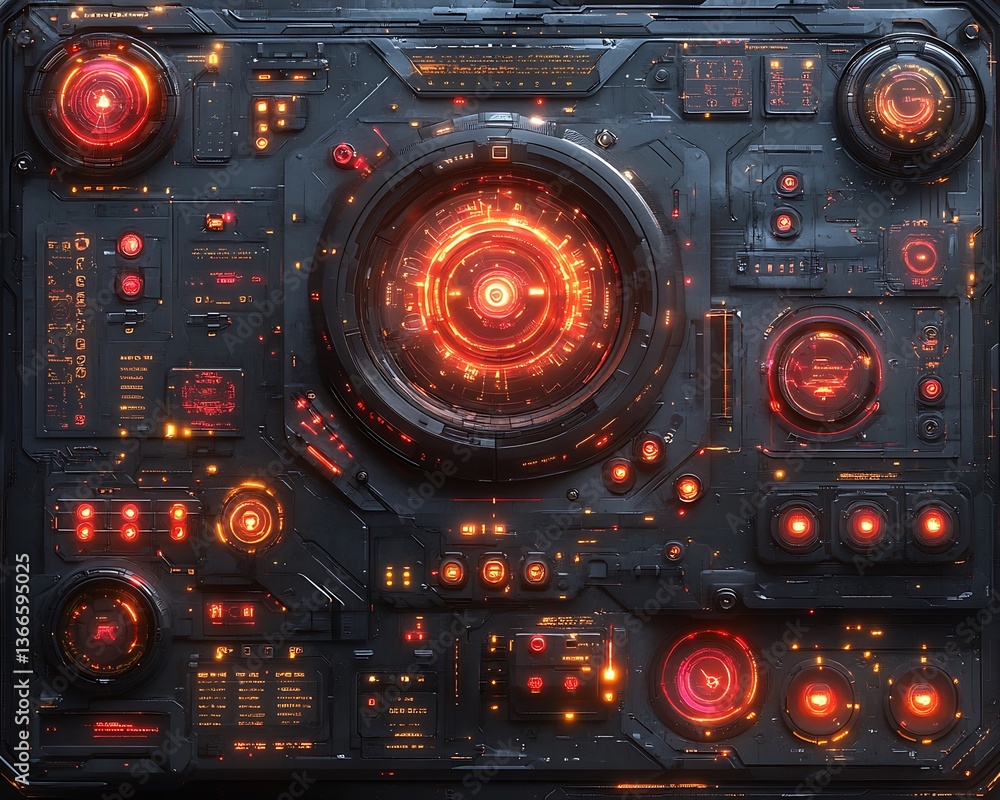 Fototapeta premium Detailed close up of an illuminated futuristic control panel