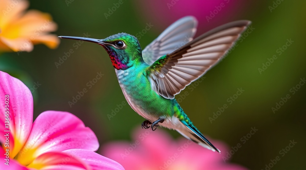 Vibrant Hummingbird Hovering Near Flower with Iridescent Plumage – High-Resolution Stock Photo Vibrant Hummingbird Hovering Near Flower with Iridescent Plumage – High-Resolution Stock Photo