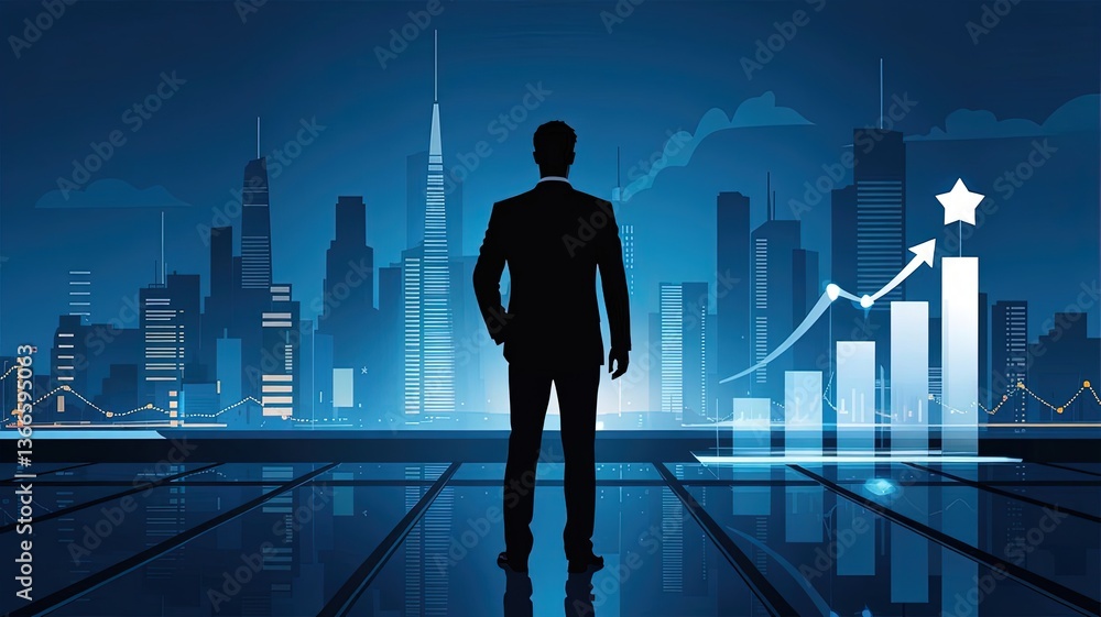 Visionary Silhouette: A determined silhouette of a businessman surveys the city skyline, accompanied by a rising chart symbolizing growth and ambition, conveying leadership, success. Visionary Silhouette: A determined silhouette of a businessman surveys the city skyline, accompanied by a rising chart symbolizing growth and ambition, conveying leadership, success.