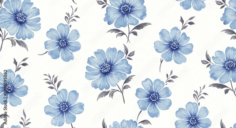 Obraz premium Floral Elegance: A captivating seamless pattern of light blue floral motifs, delicately painted with a watercolor effect, evoking a sense of tranquility and timeless beauty.