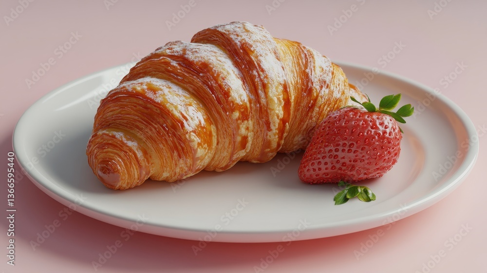 Fresh croissant and strawberry on white plate with light pink background Fresh croissant and strawberry on white plate with light pink background