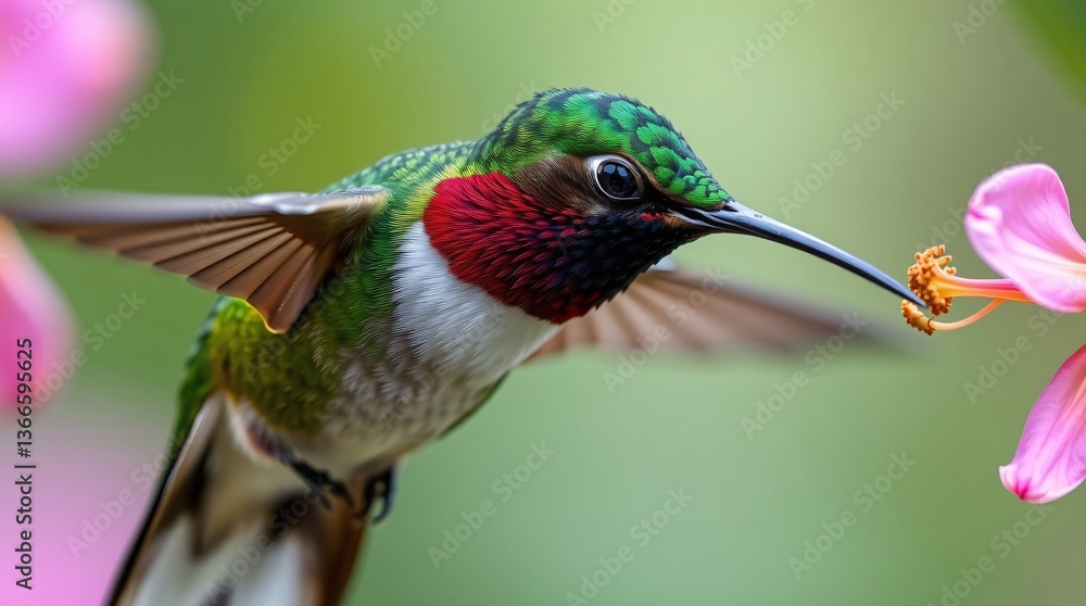 Fototapeta premium Vibrant Hummingbird Hovering Near Flower - High-Resolution Wildlife Photo