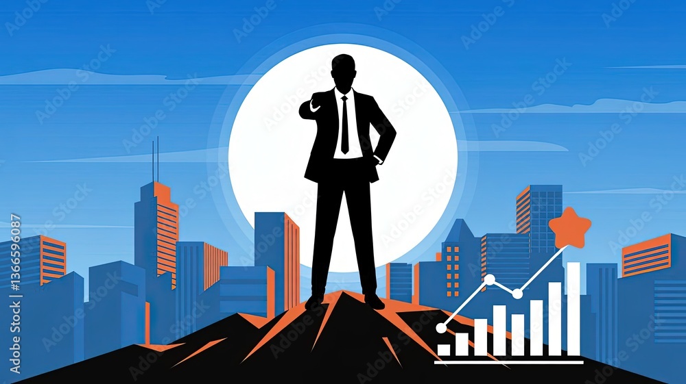 Visionary Business Leader: Silhouette of a confident business person standing atop a peak overlooking a city, a glowing graph showing successful growth. This scene captures leadership, ambition. Visionary Business Leader: Silhouette of a confident business person standing atop a peak overlooking a city, a glowing graph showing successful growth. This scene captures leadership, ambition.