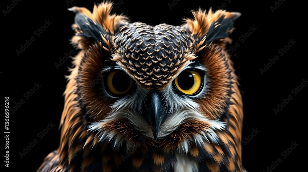 Fototapeta premium Majestic Great Horned Owl Close-Up Portrait with Expressive Eyes and Textured Feathers