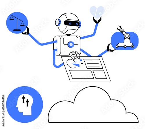 Wallpaper Mural Humanoid robot juggling tasks including data analysis, healthcare, law, and industrial automation above a cloud, symbolizing artificial intelligence versatility. Ideal for technology, AI, law Torontodigital.ca