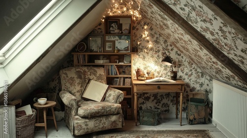 Wallpaper Mural Cozy attic reading nook with floral wallpaper, plush armchair, and warm string lights Torontodigital.ca
