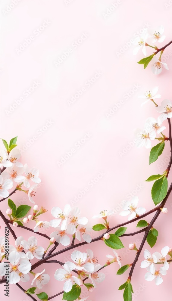 Obraz premium Delicate white cherry blossoms arranged as a spring border against a soft, pastel background, petals, soft, floral