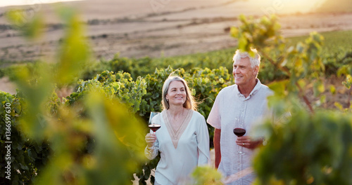 Love, travel and wine with old couple in vineyard for romance, anniversary date and bonding. Happiness, retirement and smile with senior man and woman at winery for alcohol, relax and vacation