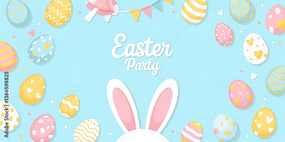 Easter Party Concept with Bunny Ears Colorful Easter Eggs Delicate Spring Flowers on a Pastel Blue Background with Copy Space for Festive Designs Greeting Cards and Holiday Invitations. Easter Holiday Easter Party Concept with Bunny Ears Colorful Easter Eggs Delicate Spring Flowers on a Pastel Blue Background with Copy Space for Festive Designs Greeting Cards and Holiday Invitations. Easter Holiday