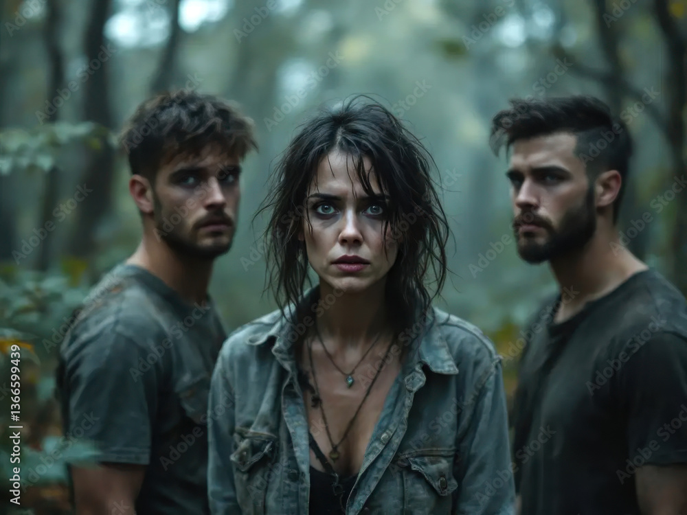 Fototapeta premium A frightened woman with strangers on the path in the forest