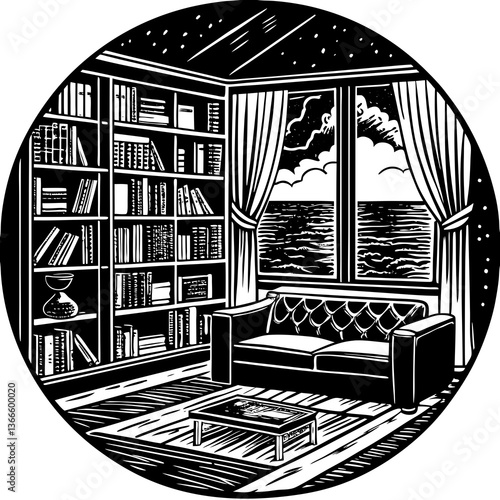 Vintage black sketch of an old urban house with a book-filled living room