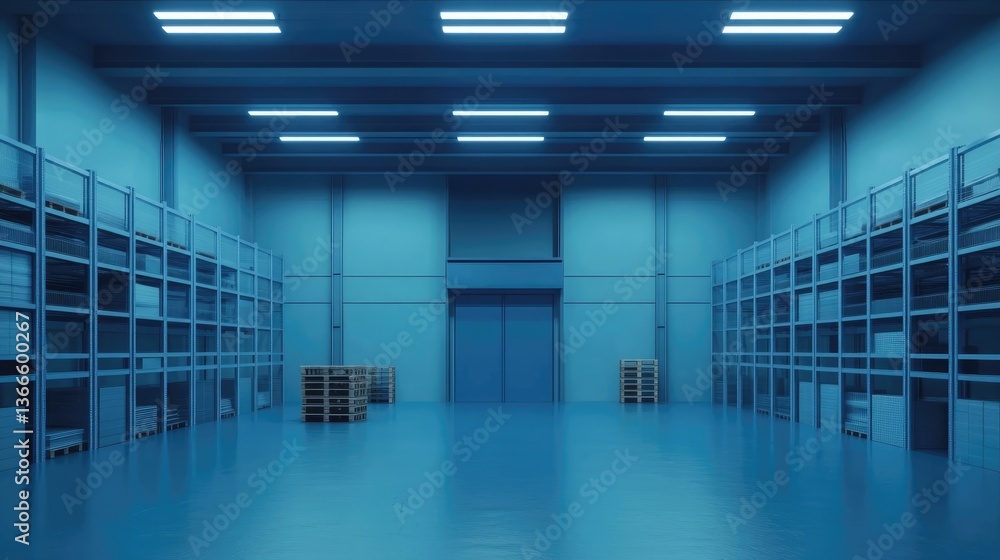 Fototapeta premium A spacious, well-lit warehouse interior featuring organized shelves and pallets, ideal for storage and logistics