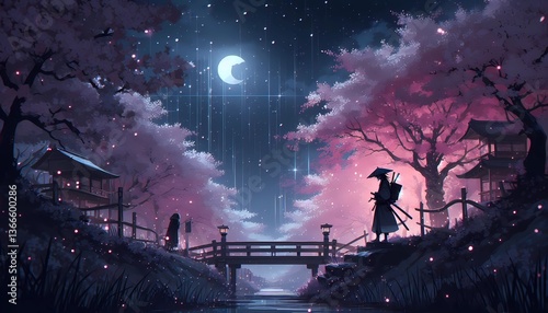 Lonely wanderer with sakura background, anime background