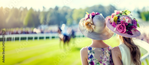 Stylish women wearing wide-brimmed hats with floral deco,  standing side by side watching horse racing at elegant outdoor derby event