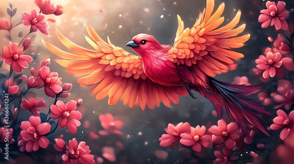 A beautiful red bird with golden wings flying through floral scenery A beautiful red bird with golden wings flying through floral scenery