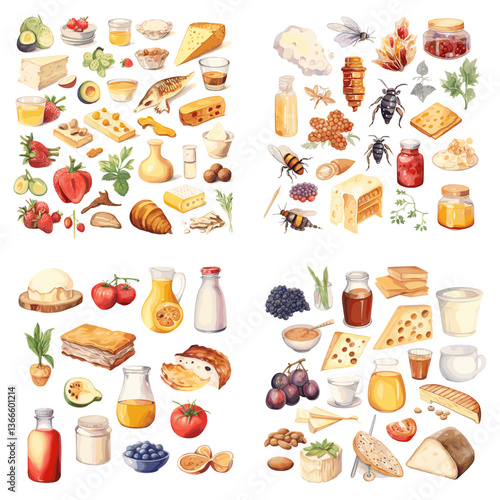Watercolor set of cheese, honey, dairy products, fruits, and herbs. Perfect for culinary designs, organic food concepts, gourmet recipes, and healthy lifestyle illustrations.

