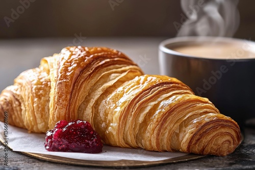 Wallpaper Mural Freshly baked golden croissant with red jam and steaming coffee on a plate Torontodigital.ca