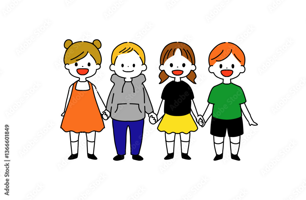 手を繋いでいる子ども達 線画 手を繋いでいる子ども達 線画